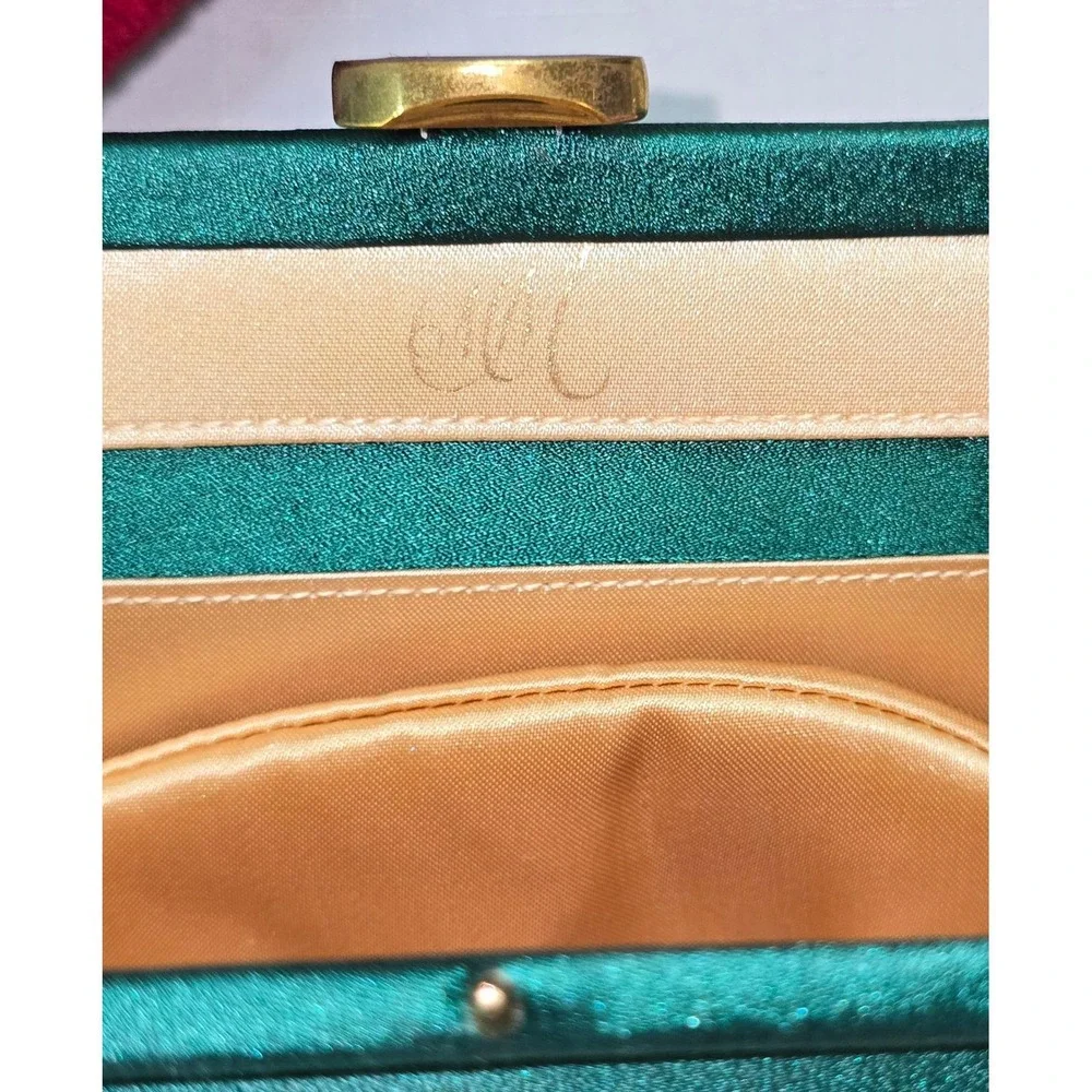 Vintage MM Emerald Green Satin Evening Clutch Bag with Coin Purse and Mirror